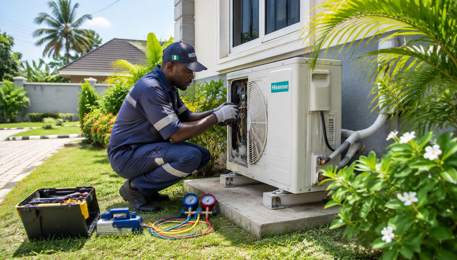 Technician servicing an air conditioner