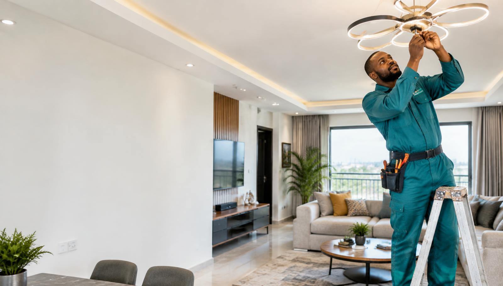 Electrician installing a ceiling light