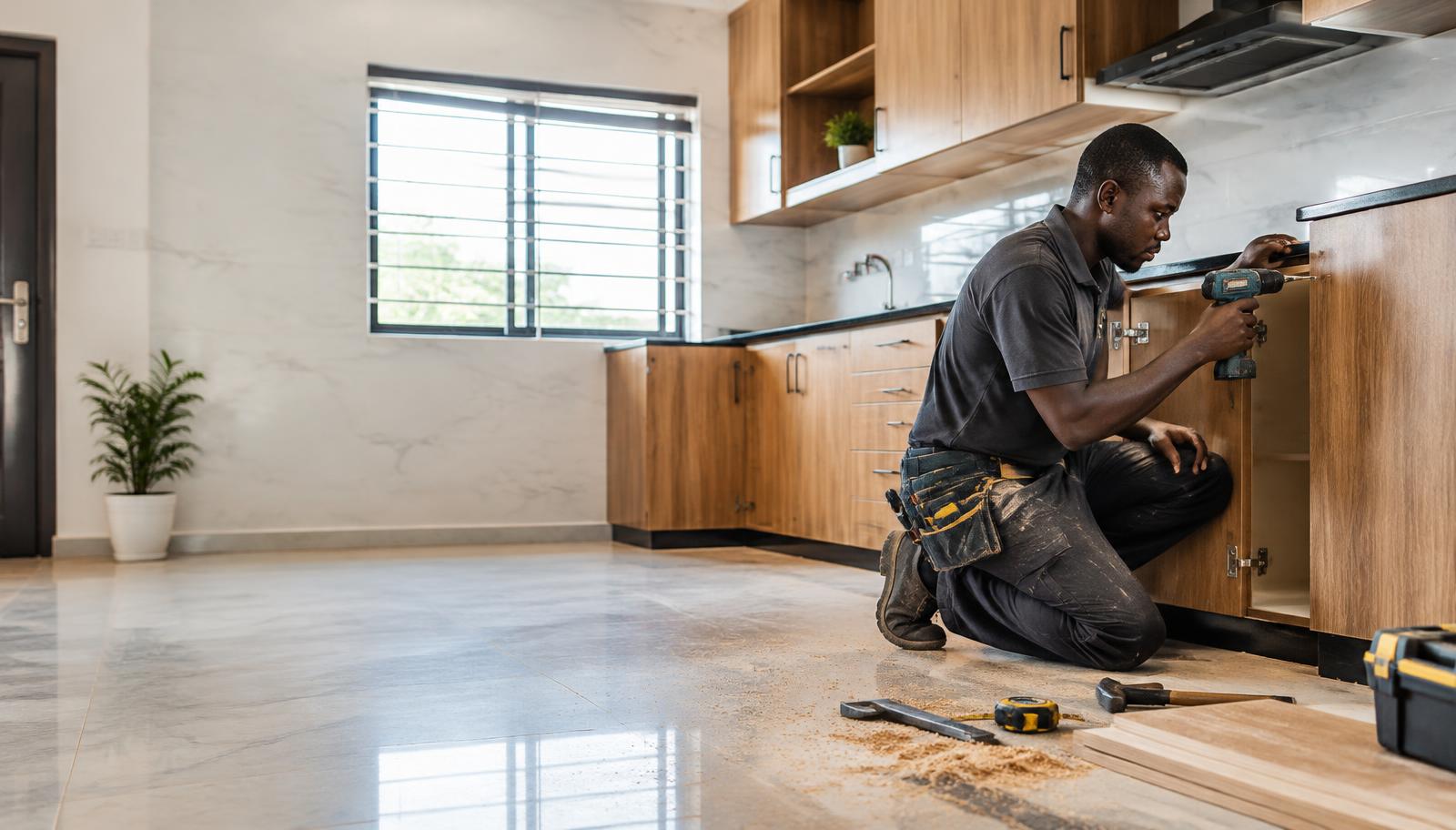 Carpenter fitting kitchen cabinets